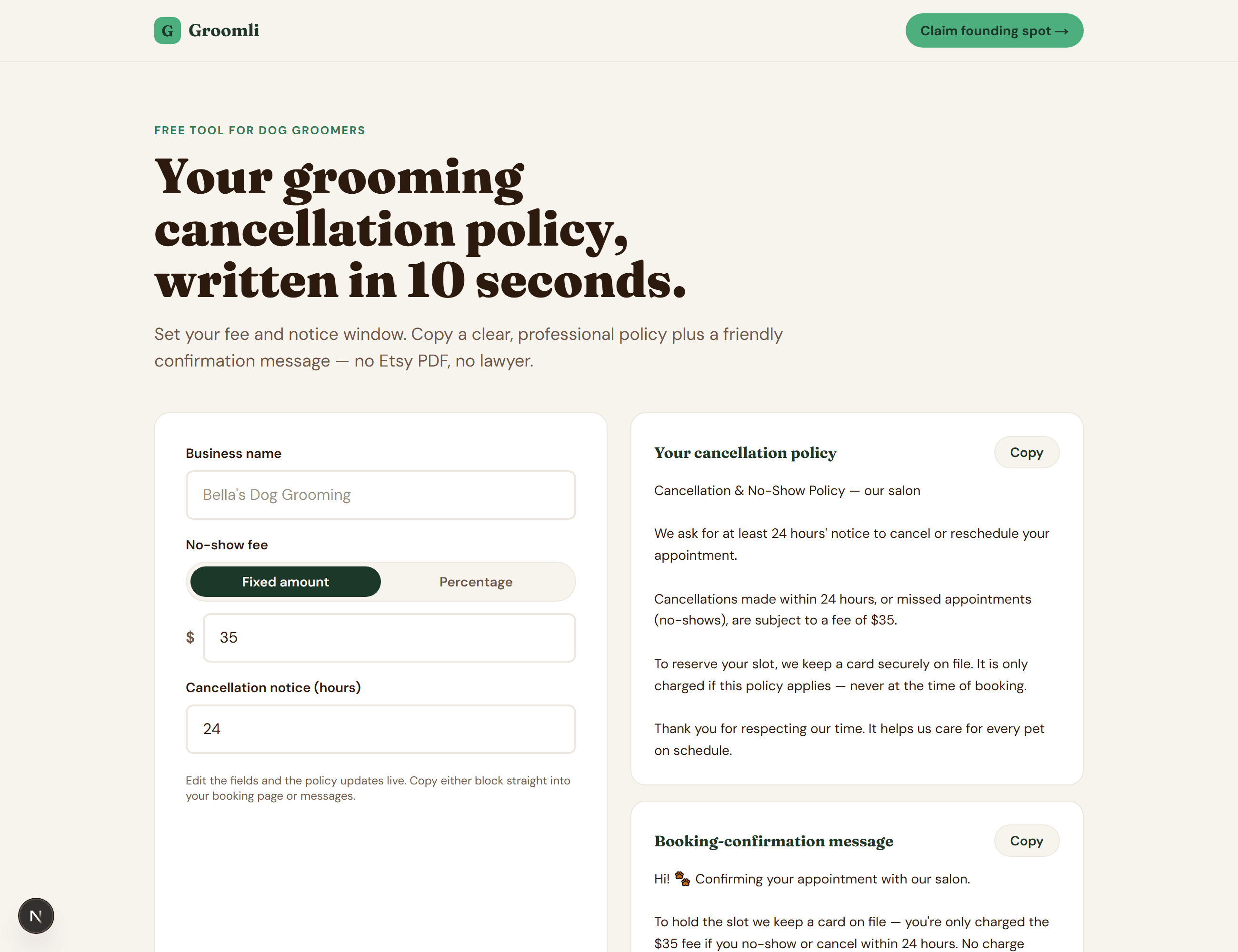 Free cancellation policy generator showing a customizable $35 no-show fee policy and confirmation message for groomers.