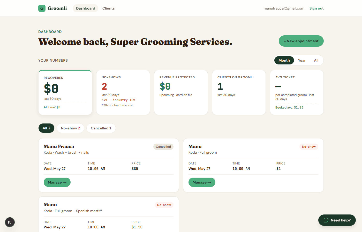Groomli dashboard showing a 35 percent pet grooming no-show fee and 24-hour cancellation window for a salon.