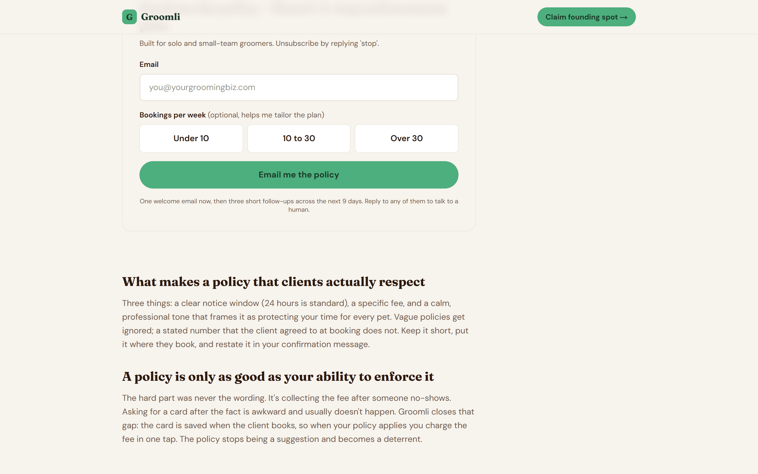 Groomli cancellation policy generator: business name, fee type, fee amount and notice window inputs produce the 87-word policy and confirmation script ready to copy.